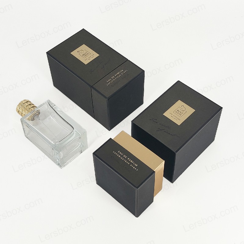 กล่องน้ำหอมฟอยล์ฟอยล์สีทองที่มีฝาปิดที่แข็งฐานและถาดโฟม Eva สำหรับการแสดงผลหรูหรา HP034